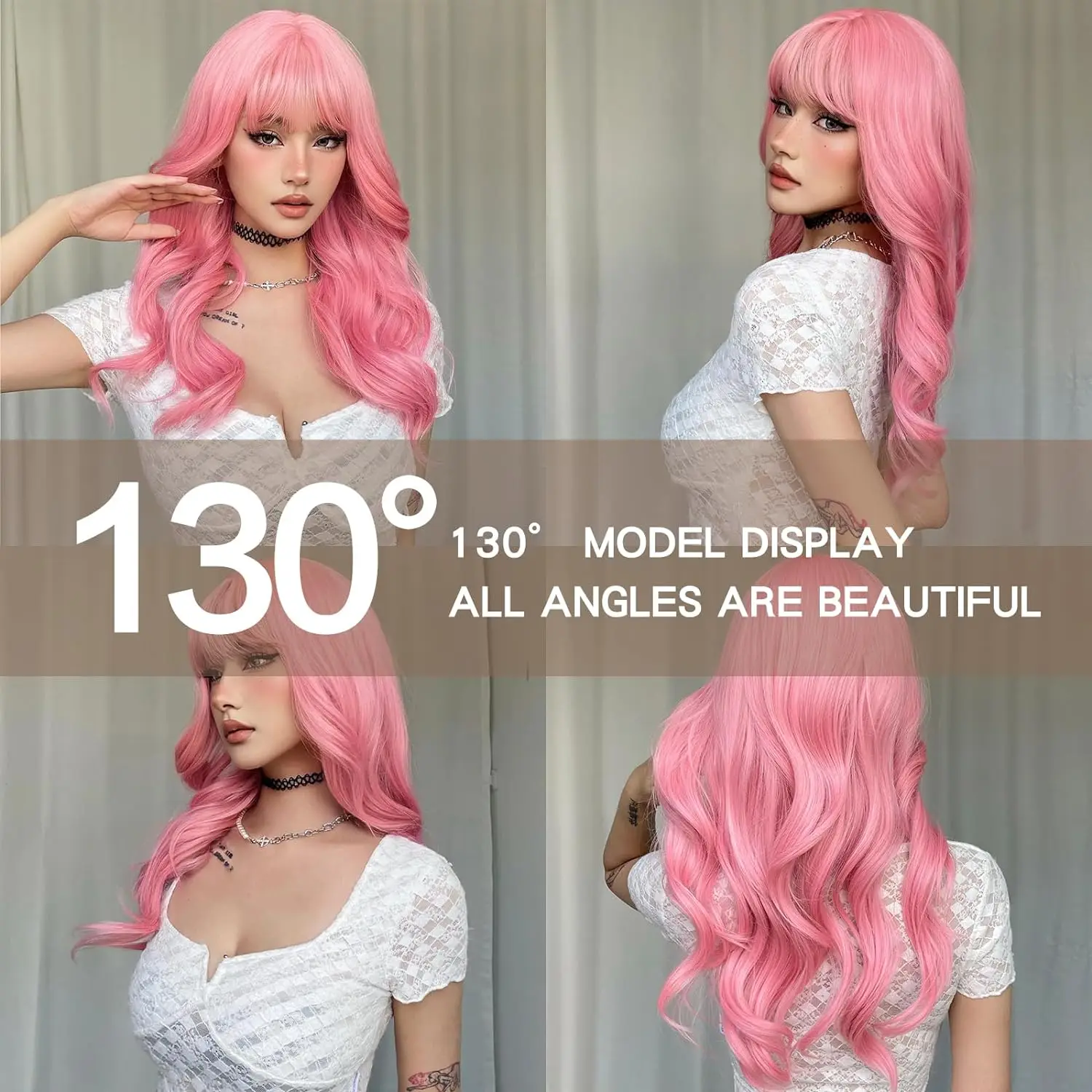 Long Wavy Wigs With Bangs Pink Synthetic Wigs for Women 24 Inch Long Curly Wig Heat Resistant Fiber Hair for Daily Party Use