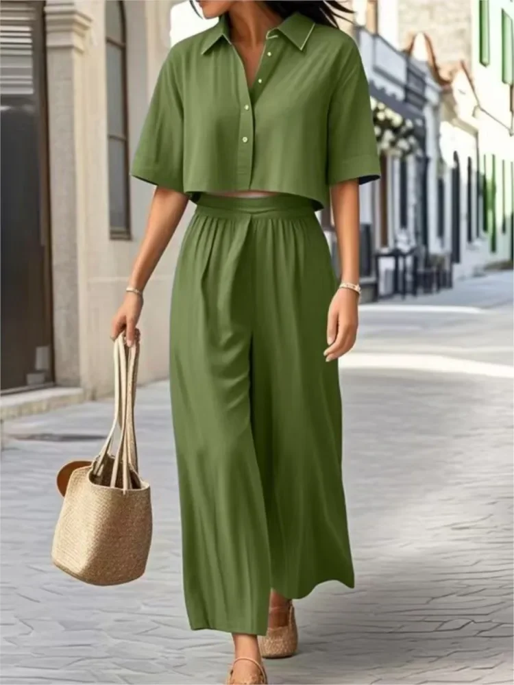 

Spring Summer Simple Fashion Casual Set New Women's Solid Color Cotton Linen Loose Short-sleeved Trousers Two-piece Sets