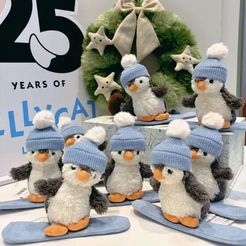 

Plush Penguin Christmas Snowboard Cute Stuffed Toy Knitted Pom Pom Hat Soft Cuddly Gift Kids Home Party Xmas Ornament