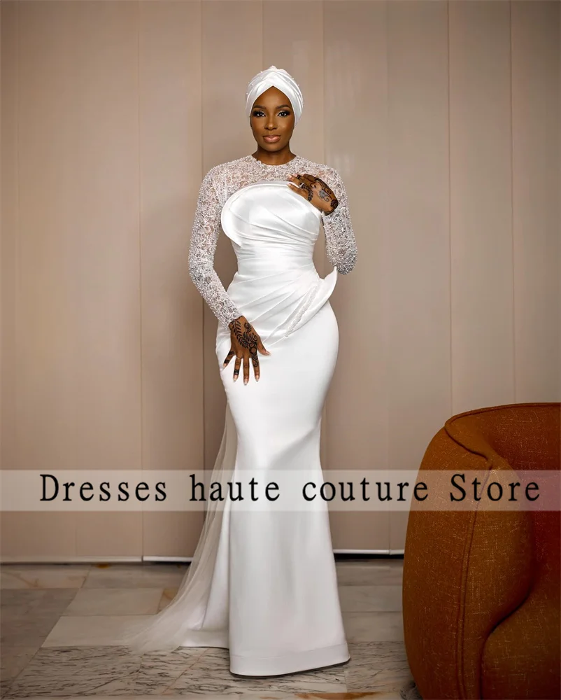 Customized Aso Ebi Beaded Lace Mermaid Wedding Dresses Women 2025 Long Sleeves Pleat Nigeria Girl Bridal Gowns