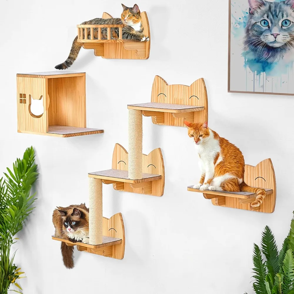 

IDAE Cat Wall Shelves – 9-Piece Wooden Wall-Mounted Cat Furniture Set with Condo, Scratcher & Steps – for Large Indoor Cats – Na