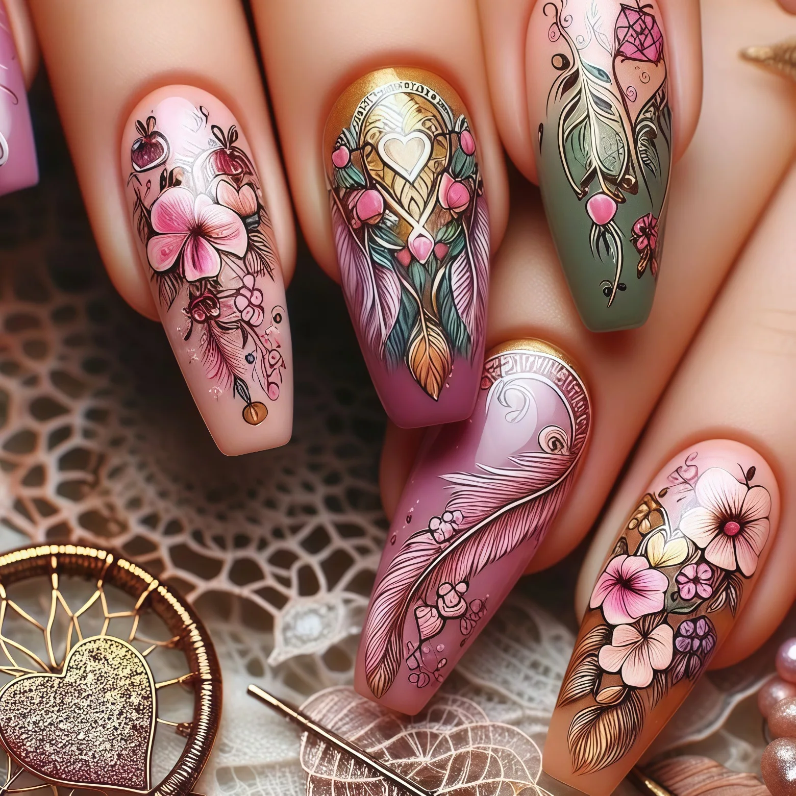 24 قطعة مجموعة متوسطة طويلة أظافر الباليه نصائح اضغط على الأظافر كاذبة مع القلب الوردي زهر الكرز الأزرق الأخضر الأرجواني زهرة ريشة نصائح