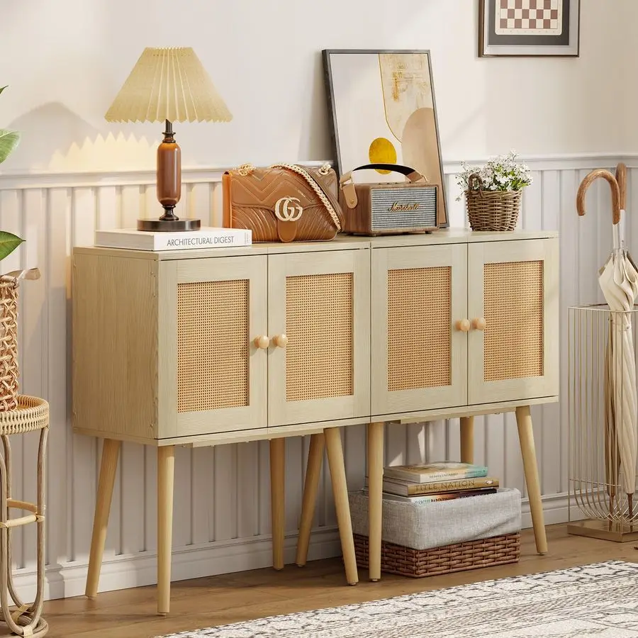 

Buffet Kitchen Storage Cabinet , Small Coffee Bar Cabinet with Rattan Doors and Tall Solid Wood Legs, Boho Accent Media Console