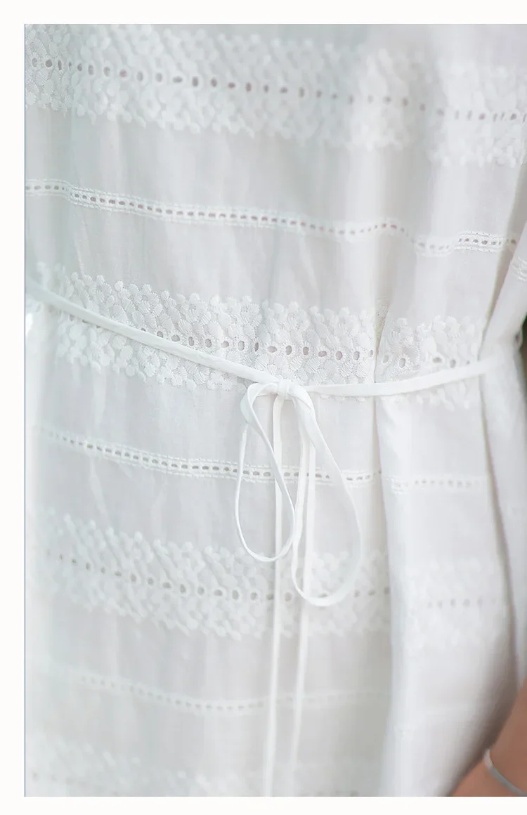 White Cotton Summer Dress Women Elegant Hollow Out Embroidery O-neck Short Sleeve Slim Waist Casual Dresses Vestidos Robe Femme