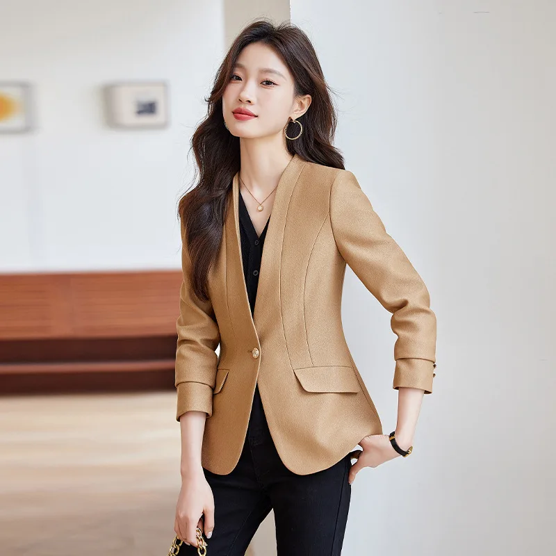 سترة متعددة الاستخدامات لربيع وخريف 2025 بدون ياقة ملابس احترافية ملابس عمل نسائية بدلة تنورة نسائية سترة معطف راقية لـ