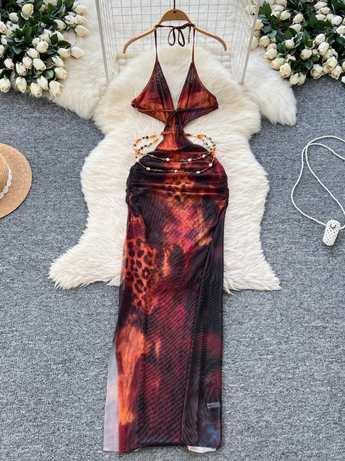 Sexy Red Brown Leopard Print Dress Women Halter Deep V Waist Cutout Side Slit Party Date Hot Girl Style Maxi Dress