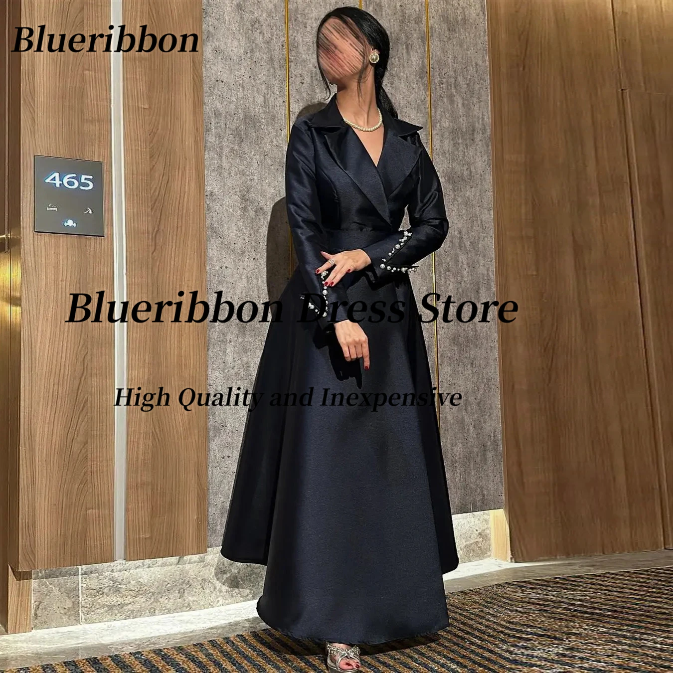 

Blueribbon Черные атласные платья для выпускного вечера трапециевидной формы с лацканами и V-образным вырезом, расшитые бисером и длинными рукавами, вечерние платья, вечернее платье в Саудовской Аравии по индивидуальному заказу