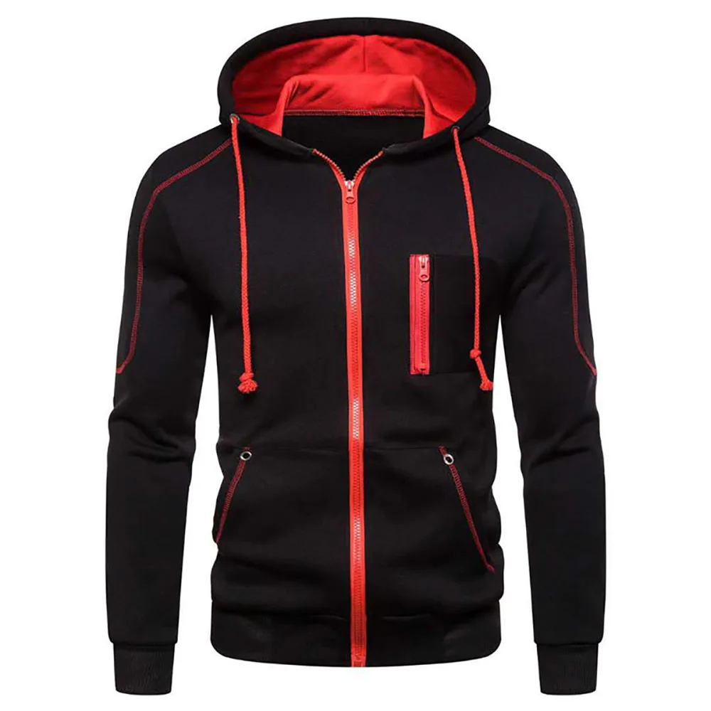 Men Hoodies Jackets Slim Fit Hooded Zipper Jacket Male Solid Caost Thicken Warm Hoodies Coat Men\'s Clothing Tops Black Red