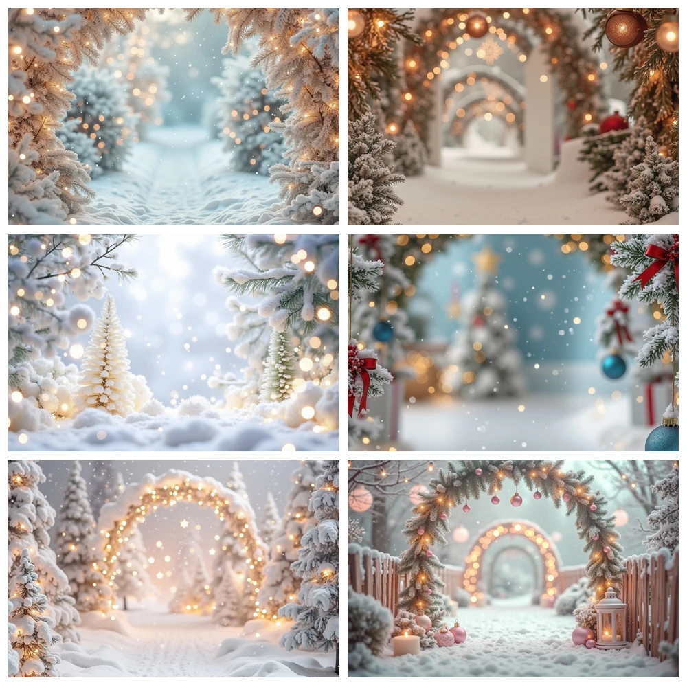 

MOON.QG Snow Christmas White Lights Bokeh Backdrop for Photography Arch Wreath Tree Photo Studio Background Photozone Supplies