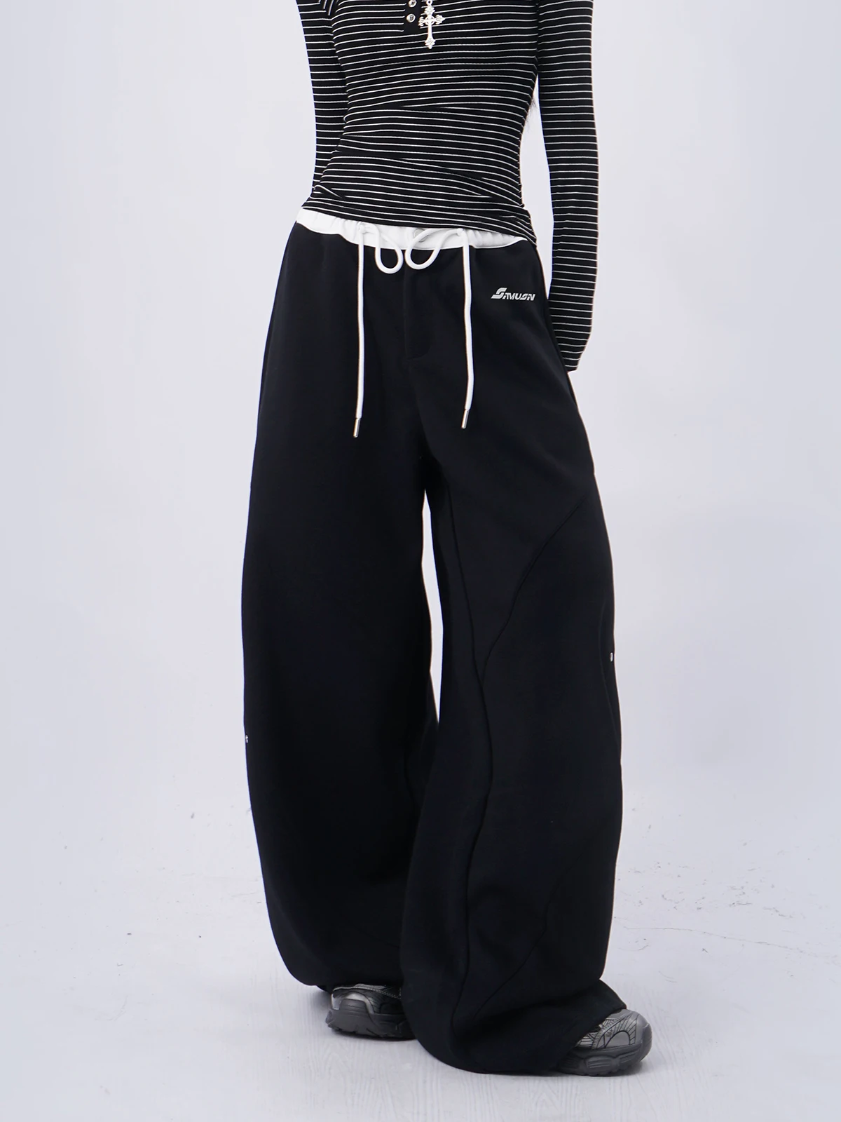 

Свободные брюки для джазовых танцев в уличном стиле, женские повседневные брюки с двойным поясом, низкой посадкой и шнурком, спортивный стиль