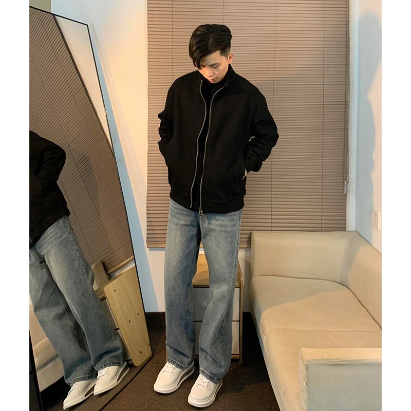 

Retro Blue Men's Jeans High Waist Slimming Straight Leg American Vibe Faionable Autumn New Sle High Elastici Youth Trend