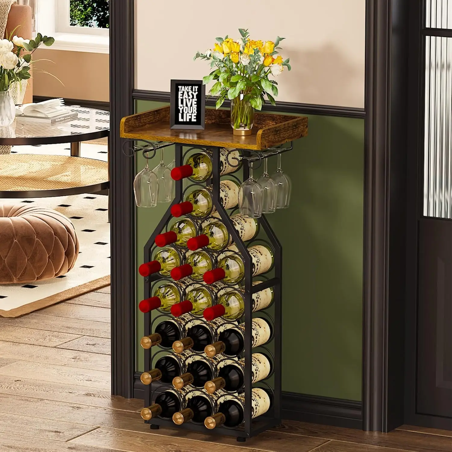 

Wine Rack Freestanding Floor, Wine Storage Rack Mini Bar Table with Tabletop, Glass Holder Wine Bottle Display Stand Liquor Cab