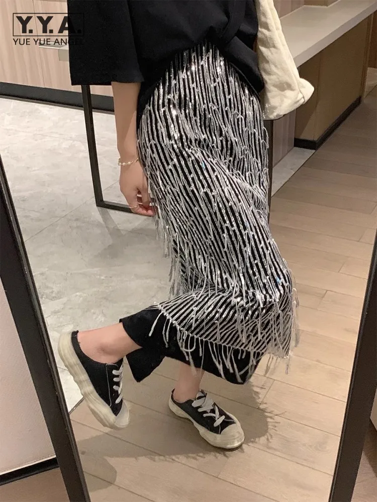 

High Waist Fashion Women Long Skirt Summer Shiny Sequinned Tassels Straight Skirt High Street Design Casual Female Split Skirts