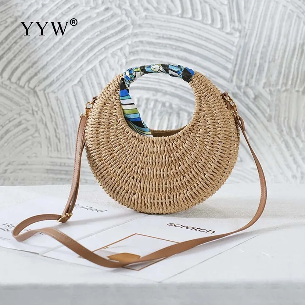 Summer Straw Bag For Women Fashion Semicircle Crossbody Bags 2024 New Fashion Rattan Messenger Handbag Travel Beach Bags Tote