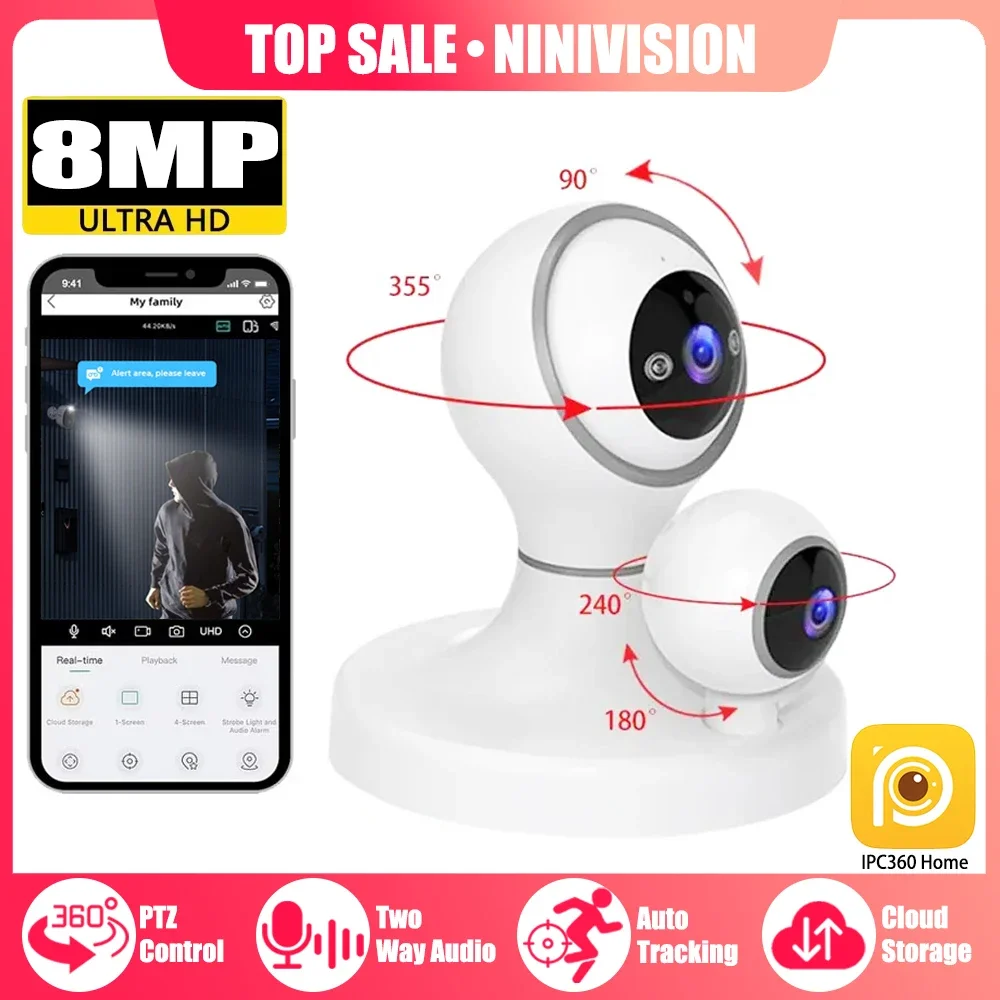 

4K 8MP Dual Lens Indoor Smart WIFI Security PTZ Camera 360 Wireless Video Baby Monitor CCTV IP PTZ Surveillance Camera For Home