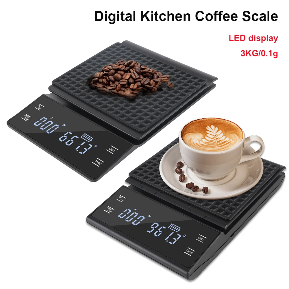 Báscula de peso para cocina y café, temporizador automático de 3KG/0,1g g/oz/ml, recargable, tipo C, pantalla LED electrónica Digital de alta precisión