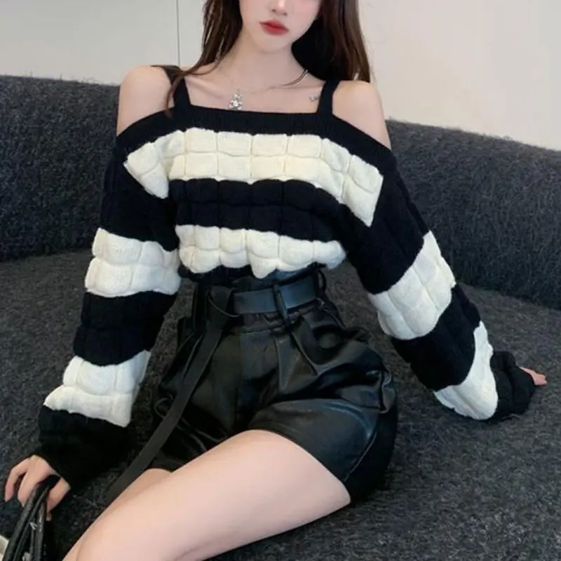 Stylish Slash Neck Off Shoulder Jumpers Autumn Winter Loose Striped Female Clothing Korean Contrasting Colors Knitted Sweaters