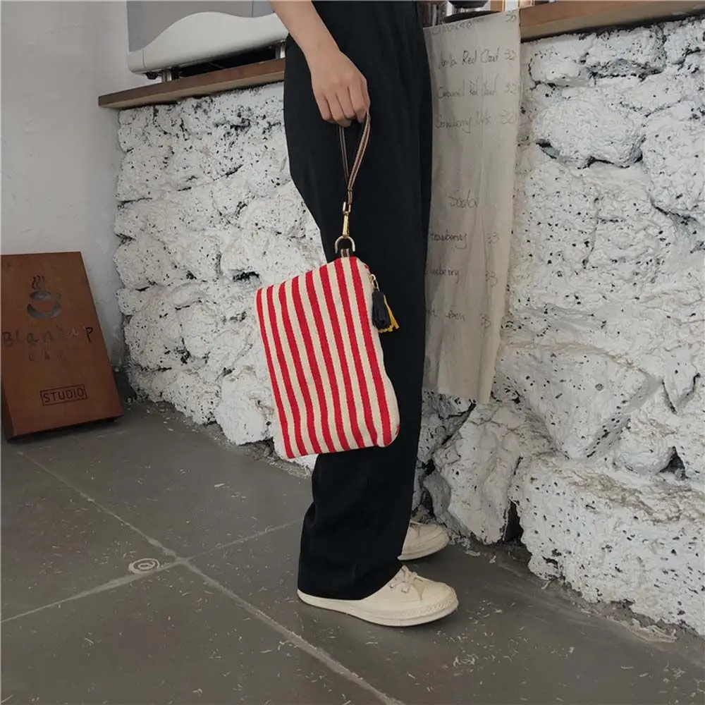 Fashion Portable Toiletry Bag Striped Pattern Cosmetic Pouch Canvas Korean Handbag Striped Canvas Bag Makeup Case Cosmetic Bag