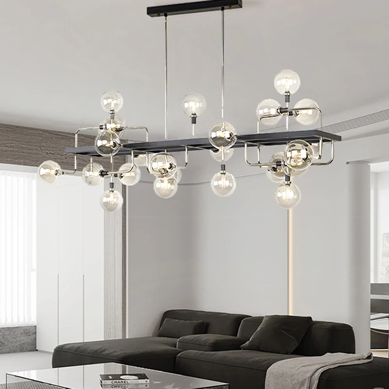 فقاعة زجاجية طويلة ثريات السقف 2024 المنزل Led الإضاءة الذهبي الأسود الحديثة مصابيح معلقة لغرفة المعيشة ديكور لماعة