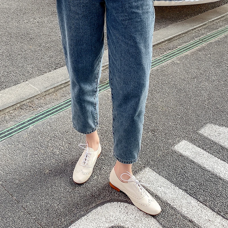 

2024 New Women Shoes Genuine Leather Block Flats Loafers Round Toe Lace-up Footwear Ladies Shoes for Women Retro Oxford Shoes
