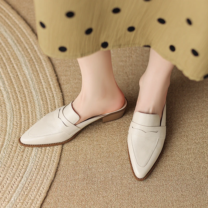 Summer Women Sandals Genuine Leather Shoes for Women Pointed Toe Concise Modern Sandals Chunky Heel Women Mules Solid Slippers