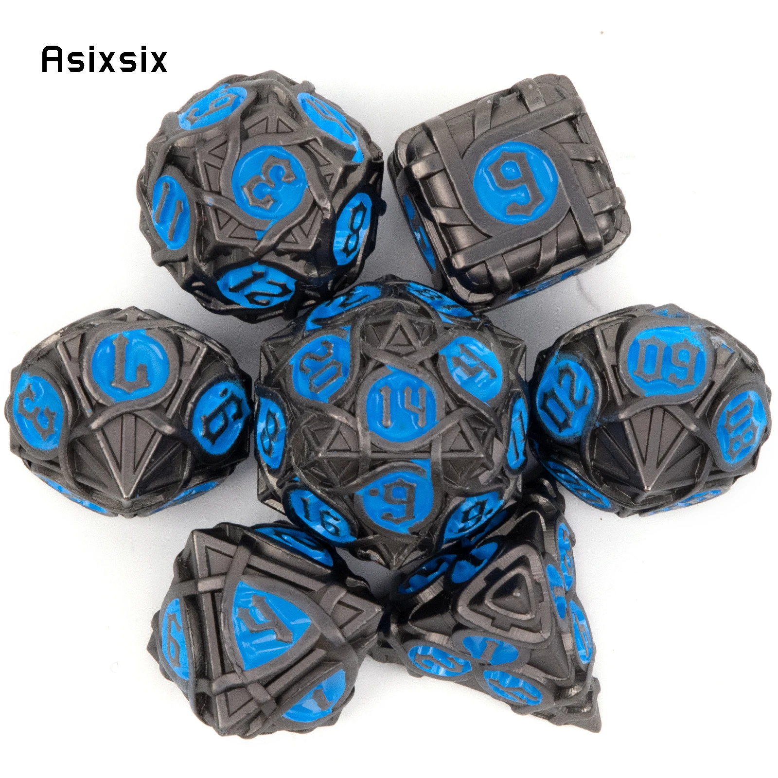 7 Pcs Blue Black Stripe Metal Dice Solid Metal Polyhedral Dice Set Suitable for Role-Playing RPG  Board Game Card Game