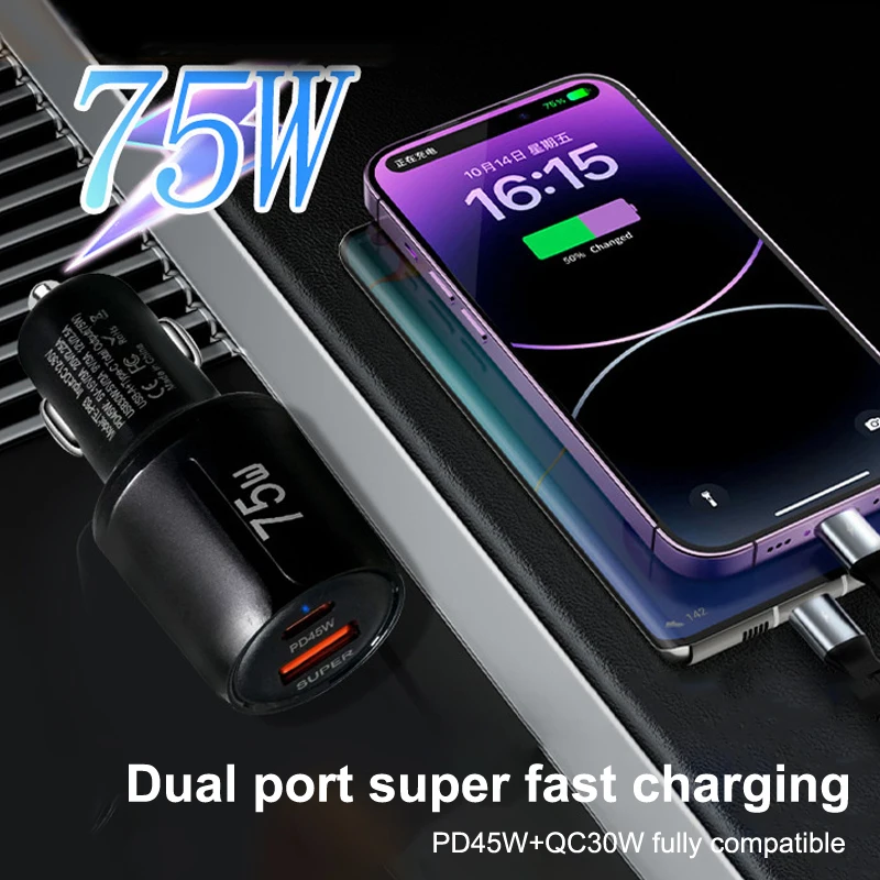 75W USB Type-C Car Phone Charger PD USB-C Fast Charging Power Adapter For Truck Vehicles For IPhone For Samsung Huawei Xiaomi