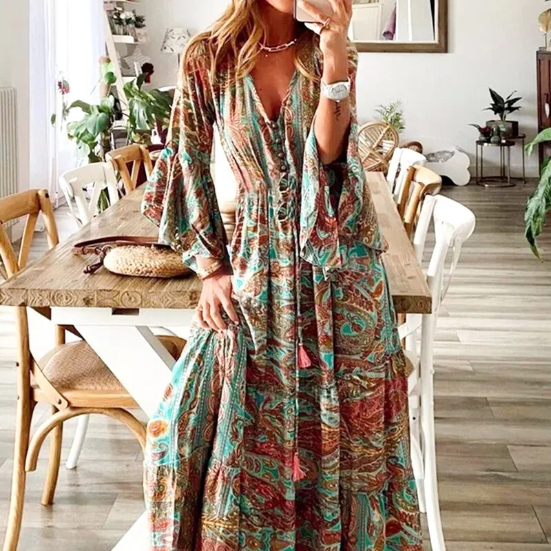 Bohemian thiết kế thời trang ăn mặc 2023 mùa hè giản dị hoa in sâu V Cổ tay áo trumpet smocked eo cao flowy Maxi Dress