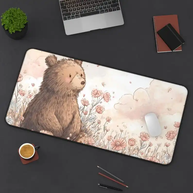

Kawaii Bear Desk Mat ，XXL Pastel Floral Desk Pad，Whimsical Watercolor Bear Mouse Pad，Cute Office Decor，Dreamy Aesthetic Mat