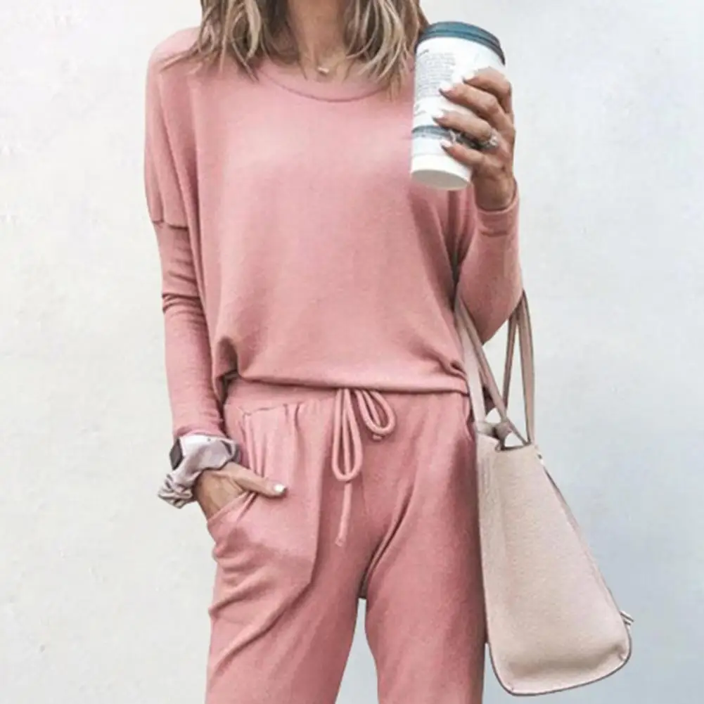 

2Pcs Grace Loose Long Sleeved T Shirt Set Women Spring Autumn Homewear Round Neck Leisure Elastic Waist Wide Leg Trousers Shirt