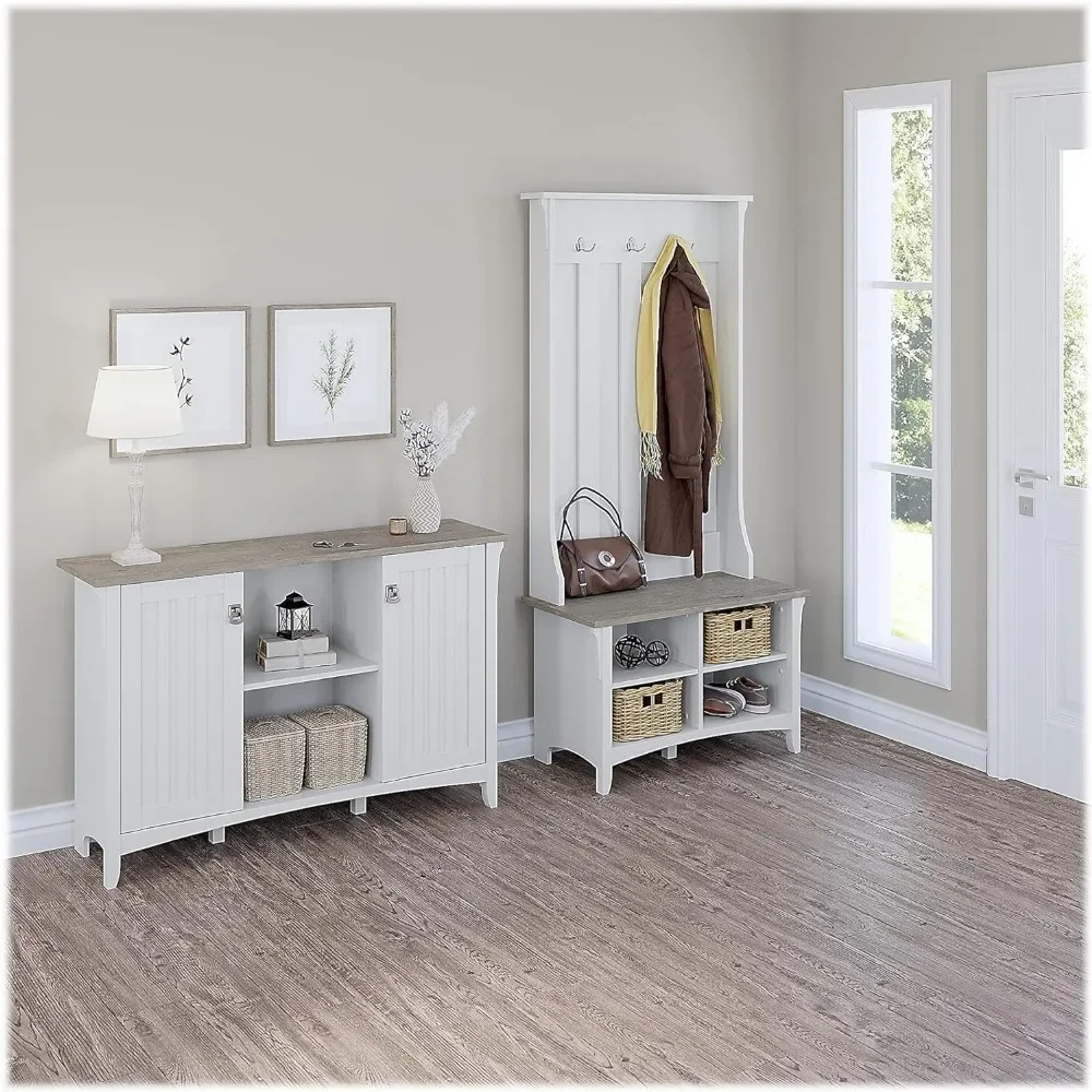 

Living Room Cabinets, Storage Set with Hall Tree, Shoe Bench, Cabinet, 5 Shelves, Gray/Pure White Living Room Cabinets