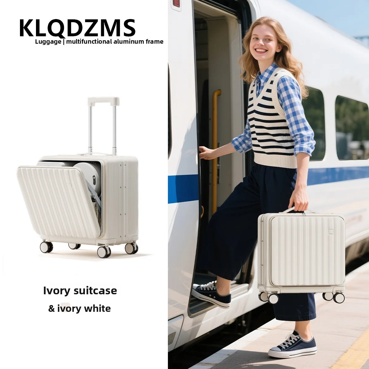 

KLQDZMS Zipper Luggage 18 Inches Boarding Box 20" Women's Front Opening Laptop Trolley Case Student Aluminum Frame Suitcase