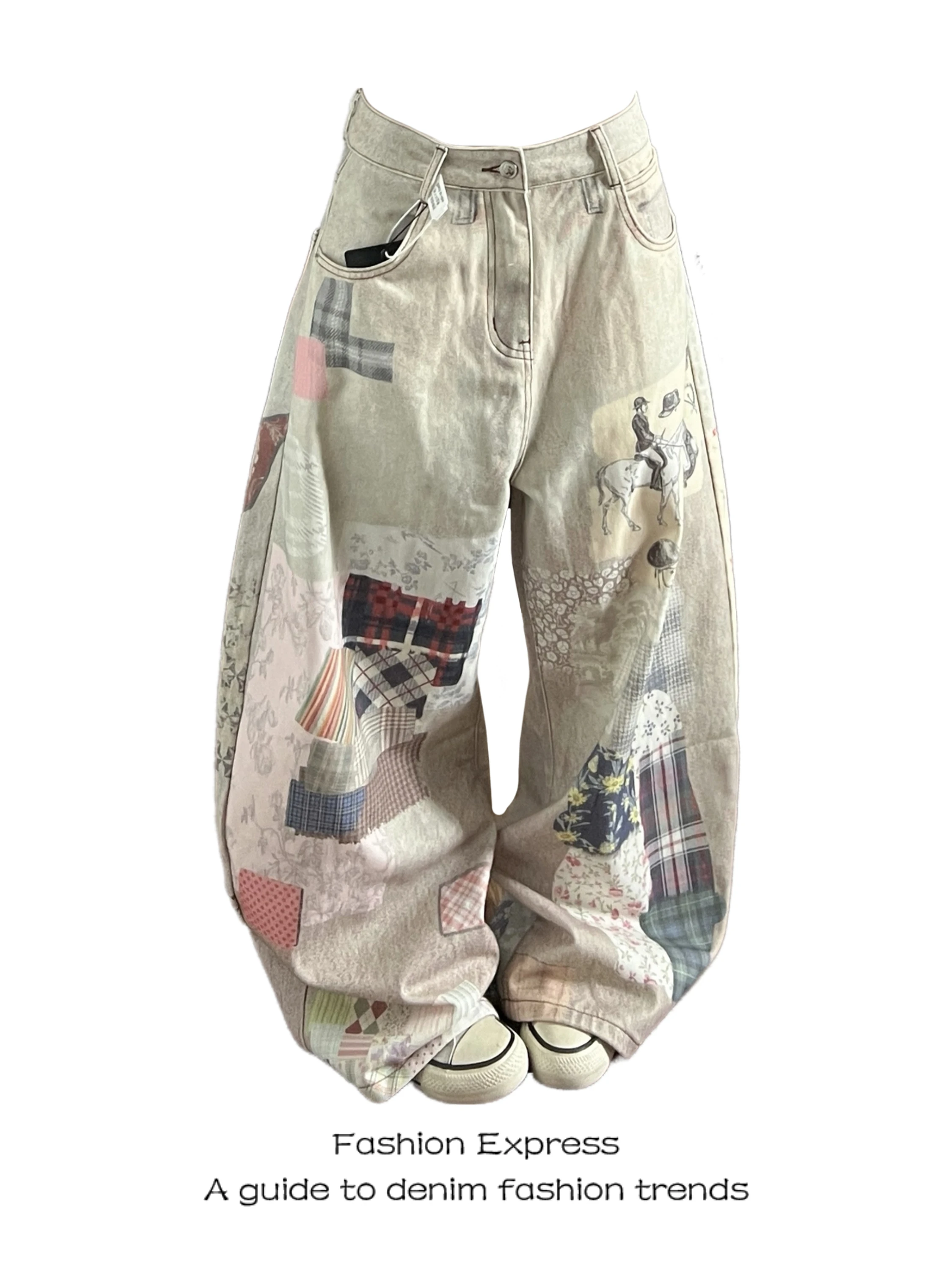 

High Waist Wide Leg Jeans Women's Printed Loose Fit Casual Style Vintage Design High Definition Denim Pants for Spring Summer