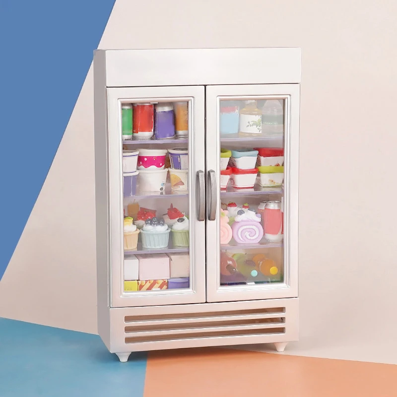 Casa de muñecas en miniatura para niños, refrigerador de doble puerta, modelo de congelador de supermercado, juguetes de juego de simulación, accesorios de casa de muñecas, 1:12