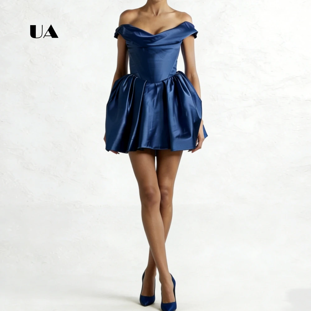 ULBYANRY satijnen fit-and-flare mini-jurk met swingende hals, effen off-the-shoulder avondjurk, gedrapeerde op maat gemaakte feestjurk