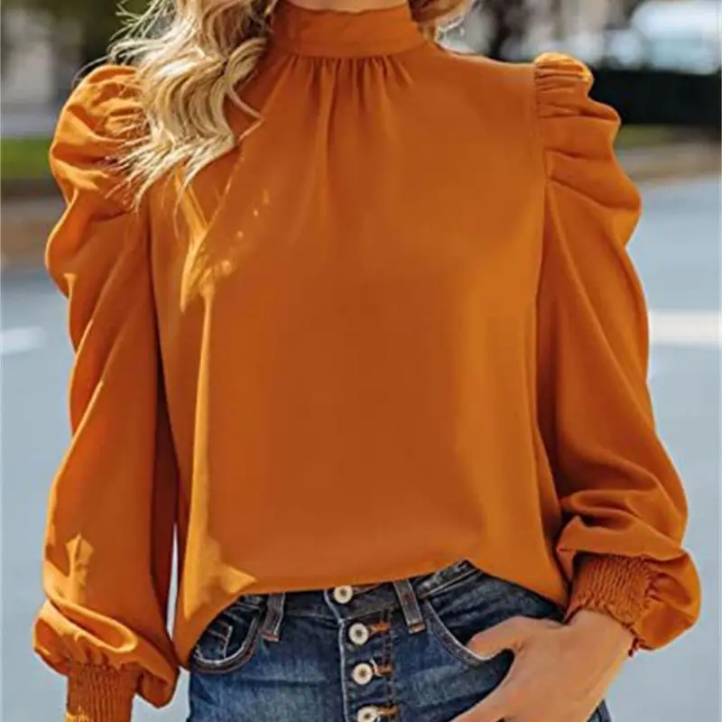 Wedifor High Neck Loose Casual Blouse Shirt Green Puff Sleeve Solid Color Elegant Women Tops New Style Autumn Winter Shirts