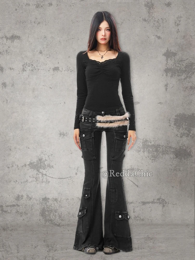 REDDACHiC القوطية متوهج الجينز الشارع الشرير الجرونج المتعثرة الأسود بسط منخفضة الارتفاع البضائع السراويل جرس قيعان النساء Acubi الموضة