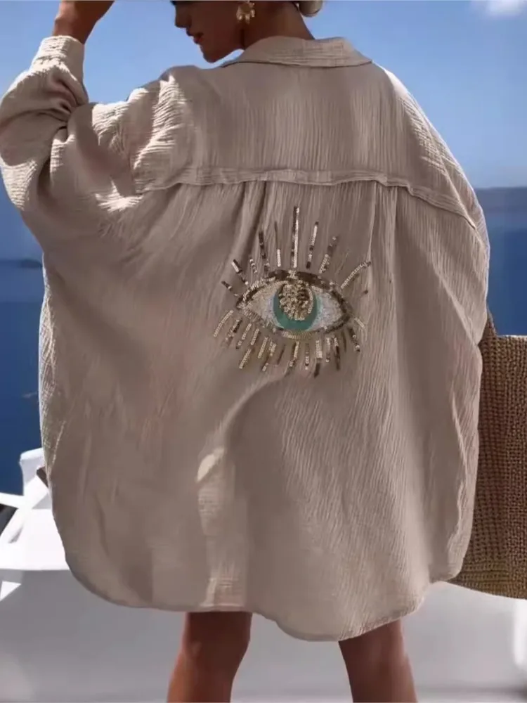 ชุดเดรสลำลองประดับเลื่อมลายตาแ - Casual Loose Linen Shirt Dress บทวิจารณ์และราคา