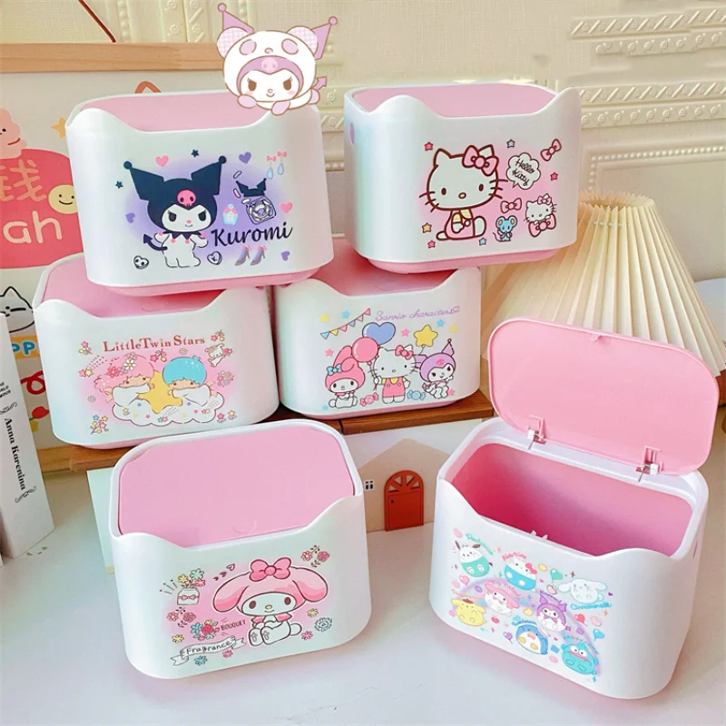 

Sanrio Kawaii Hello Kitty Desktop Trash Can My Melody Cinnamoroll Cartoon Bedside Trash Basket with Lid Ins Anime Mini Trash Can