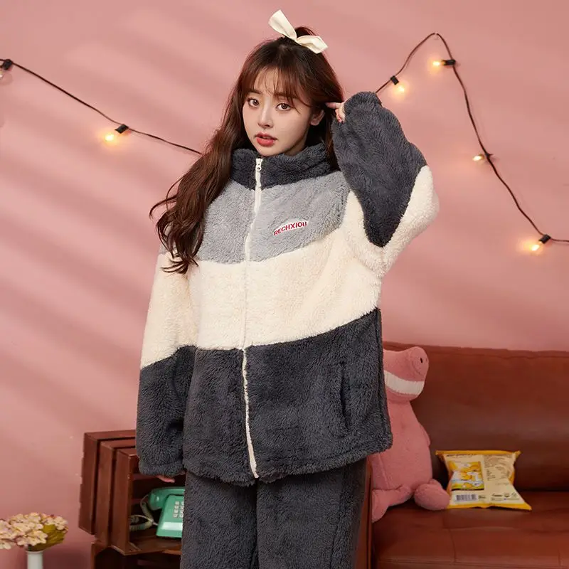 Coral Velvet Female Pajamas Women Autumn Winter Sweet Cute Warm Loungewear Thicken Stand Collar Casual Sleepwear Two-Piece Set