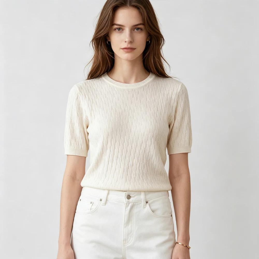 2026 Women's Summer New 10% Natural Mulberry Silk Texture Versatile Round Neck Short Sleeve Breathable Skin Friendly T-shirt