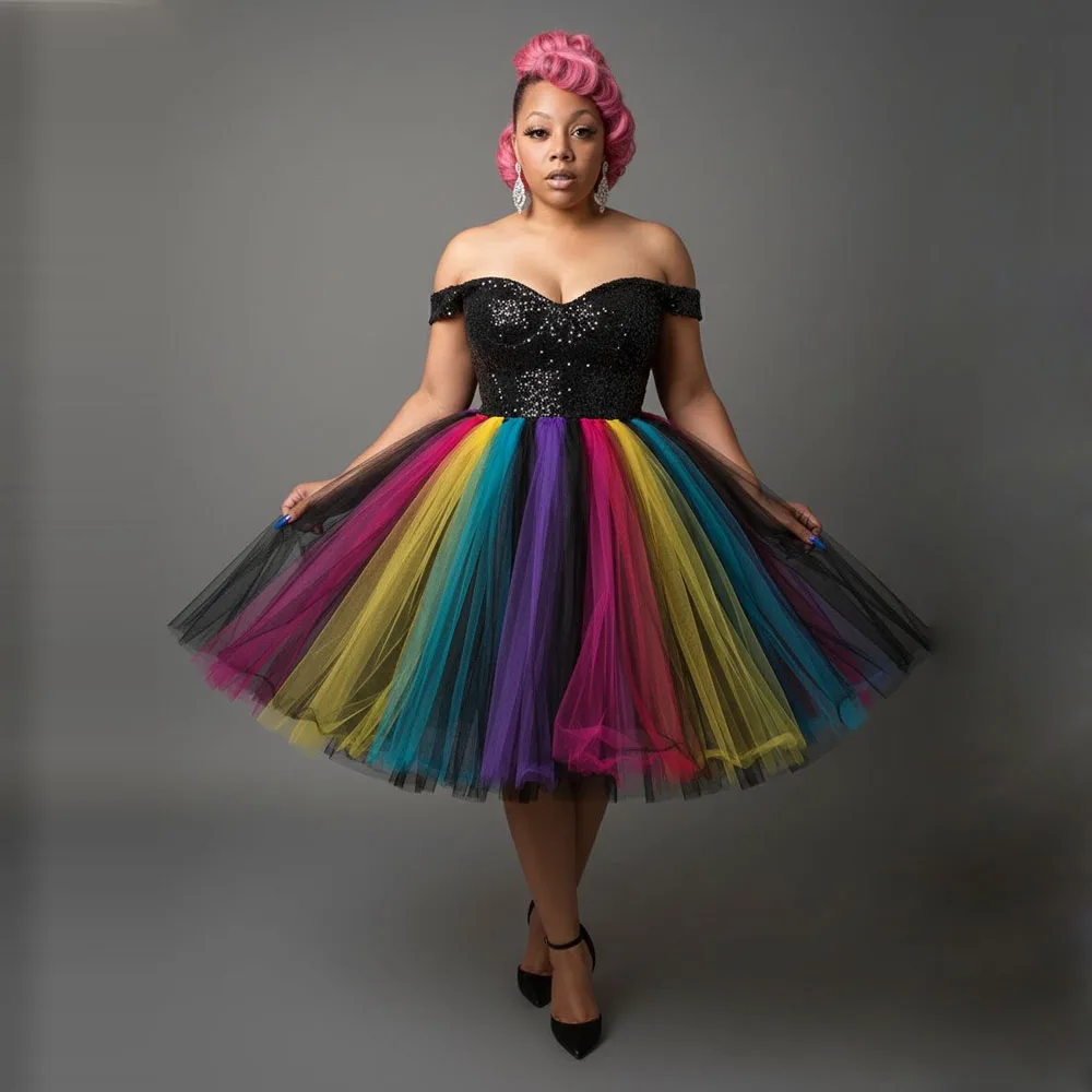 

Красочные африканские женские платья с открытыми плечами, длиной до колена, из тюля с пайетками, больших размеров, для девочек, на день рождения, для вечерних вечеринок