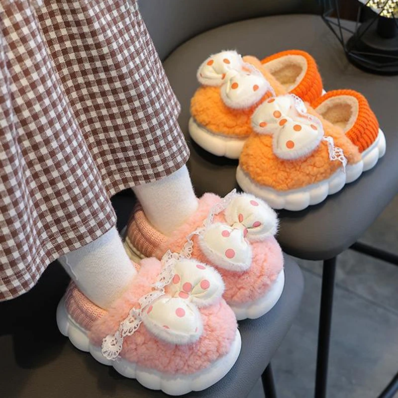 

1-4T Baby Girl Home Shoes Winter Warm Cute Bow Slippers Fleece Slip-On Shoelaces Non-Slip Sole Cotton Slippers