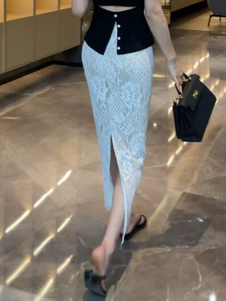 Ele Hollow Out Lace f Rock für Frauen Sli Einzigartiger schöner Ba Split Commute High Waist A-Line Midirock