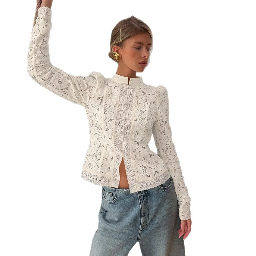 Hollow Lace Knitted Shirt Retro Button Design Stand Collar Long Sleeve Slim Shirt 2025 Women's New Summer Commuter Sexy Top