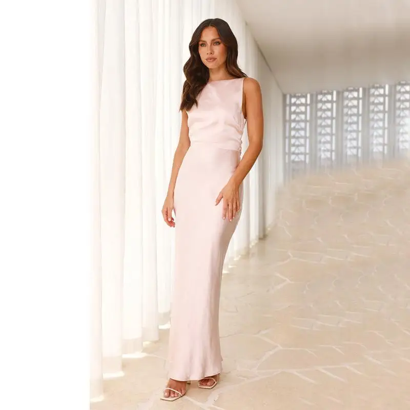 2025 Summer Women's Long Fi Tail Dr Pure Color Satin Sexy Bal Strapl Dr Gown Sle mid Waist Polyester