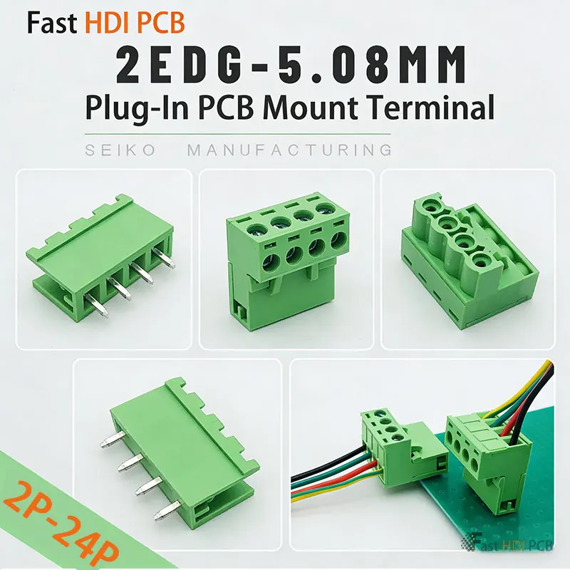 Open-Tip Angled Receptacle and Plug Full Set/2-24P Terminal Block 5.08mm Pitch/Welding Type Brass Contacts/10A 300V PA66 V0