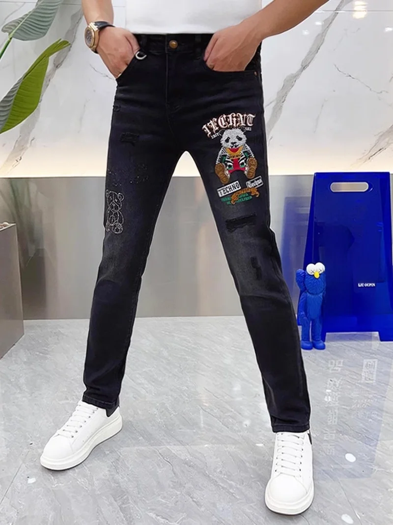 

Men's Cartoon Bear Embroidered Jeans Slim Fit Casual Long Pants Autumn New Style Rhinestone Decorated mid Waist Straight Leg