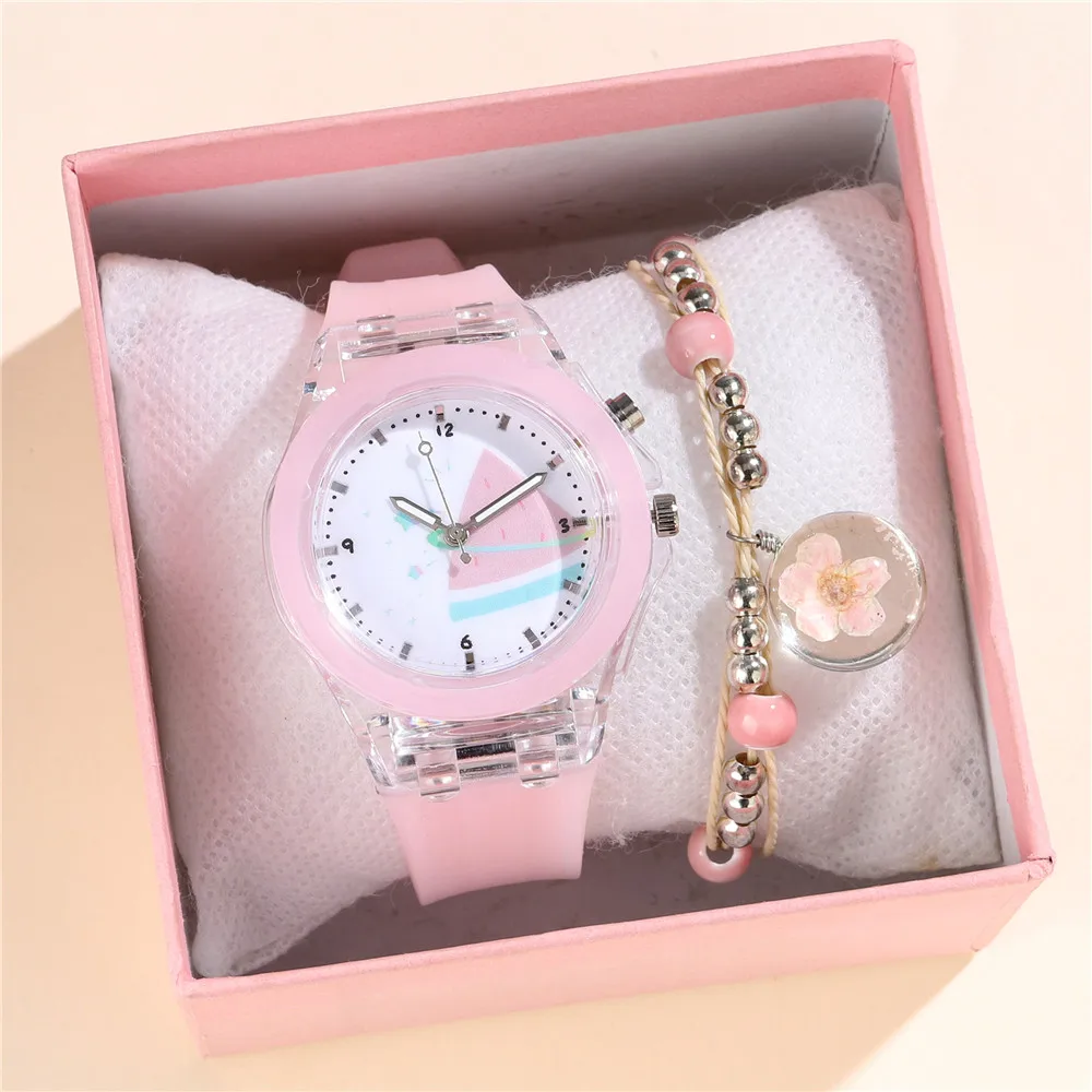 LED Luminous Bracelet Watch Set For Kids Girls Fashion Birthday Gifts Student Wristwatch With The Beaded bracelet