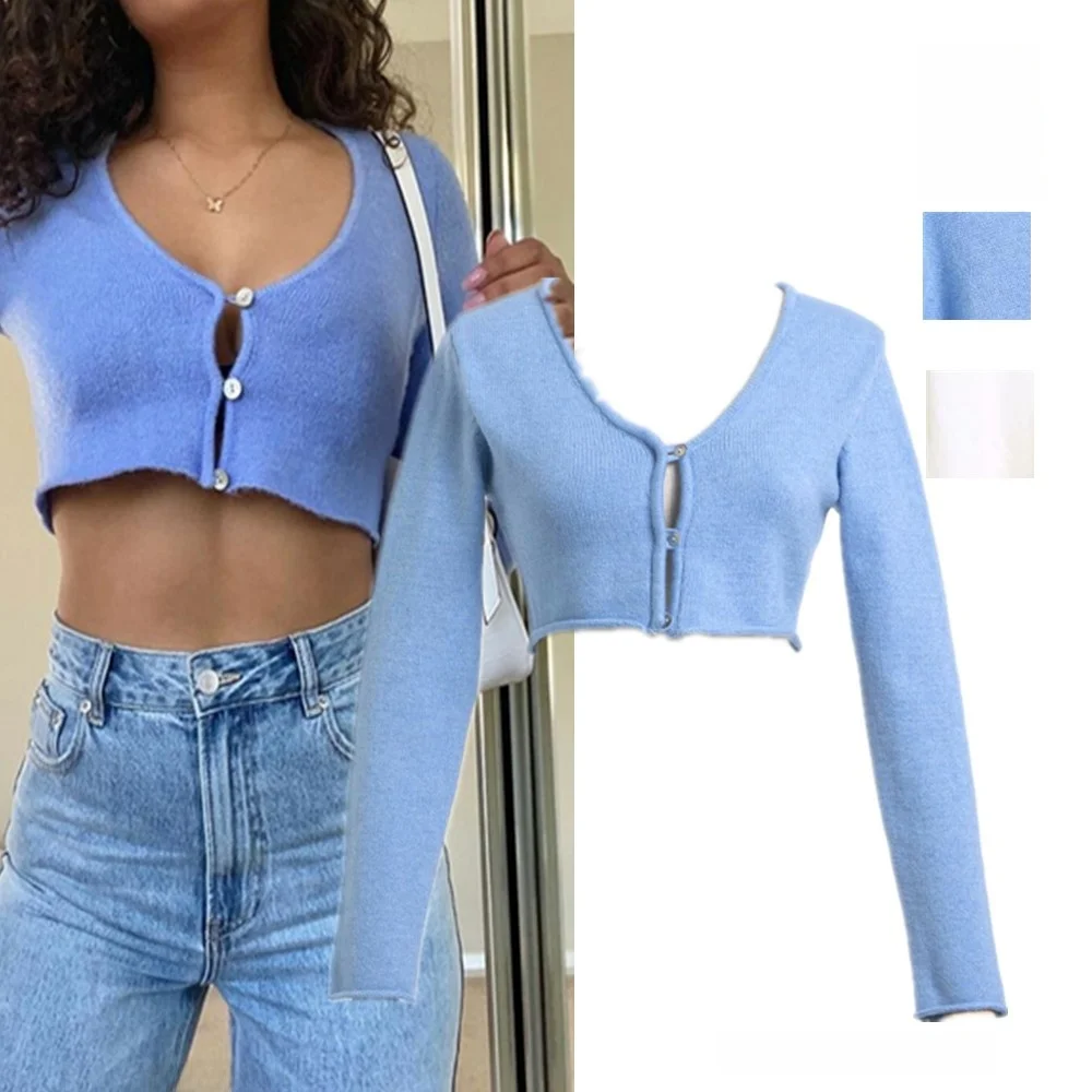 

Street Sle High Waist Crop Top Long Sve Knitted ort Coat Low round Ne ell Button Pure Color Little Cardigan